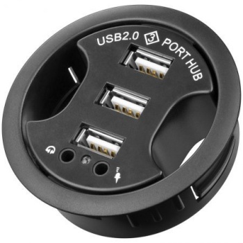 Cable guide for desktop black 60mm 3-port USB hub audio