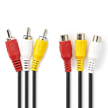 Composite Video Cable | 3x RCA Male | 3x RCA Female | Nickel Plated | 480p | 2.00 m | Round | PVC | Black | Envelope