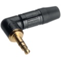 3 pole 3.5 mm audio plug, solder termination, chuck type strain relief, bushing, black housing, gold contacts