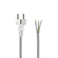 Power Cable | Plug with earth contact male | Open | Straight | Straight | Nickel Plated | 3.00 m | Round | Cotton | Black / White | Label