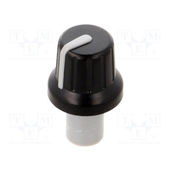 Knob; with pointer; ABS; Shaft d: 6mm; Ø16x14.4mm; black; push-in