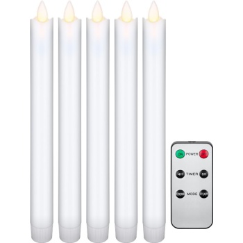 Set of 5 White LED Real Wax Rod Candles, incl. Remote Control