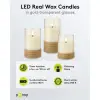 Set of 3 LED Real Wax Candles in Glass, White, Wrapped with Hemp