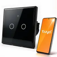 Qoltec Smart Touch 2-Gang Light Switch Wi-Fi Timer Tuya Smart Life Tempered Glass Black