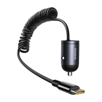 Car Mini Charger Tiny Star 30W 12-24V USB-C PD3.0 with Built-in USB-C Spring Cable 30W 1.4m, Black