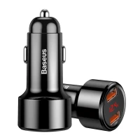 Car Fast Charger 12-24V 45W 2xUSB QC3.0 with Voltage / Current Display, Black