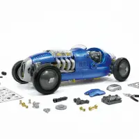 Blue retro race car model kit with working V8 engine
