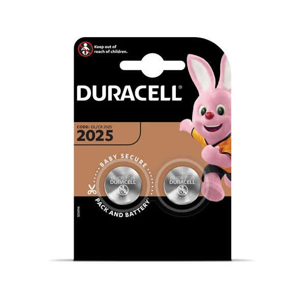 Batteries 3V CR2025 Duracell lithium 20mm 2.5mm 2pcs pack