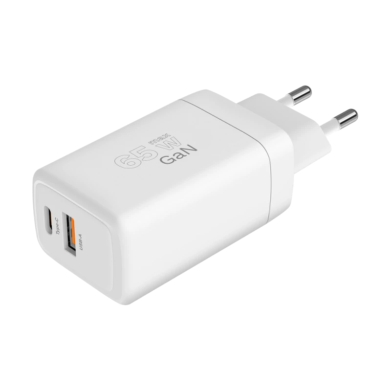 USB laadija USB-A USB-C pesad 65W GaN PD QC PPS valge