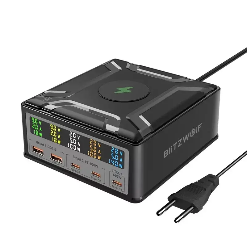 USB laadija 3xUSB-C 2xUSB-A pesa QI 260W PD QC3.0 PPS 140W