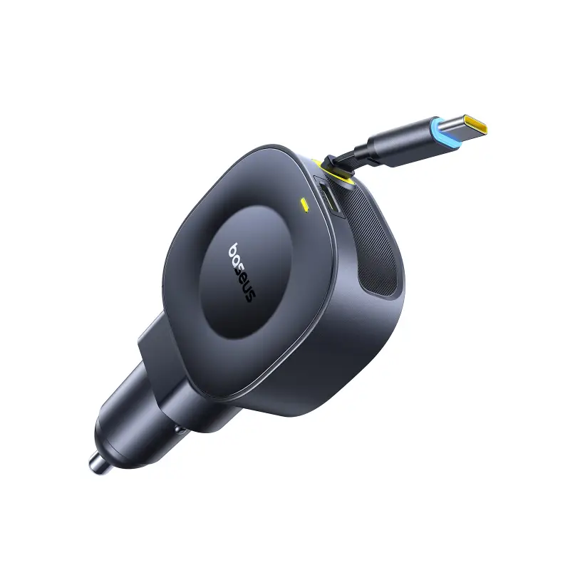 Auto USB laadija 45W+45W USB-C sisse keritav USB-C juhe must