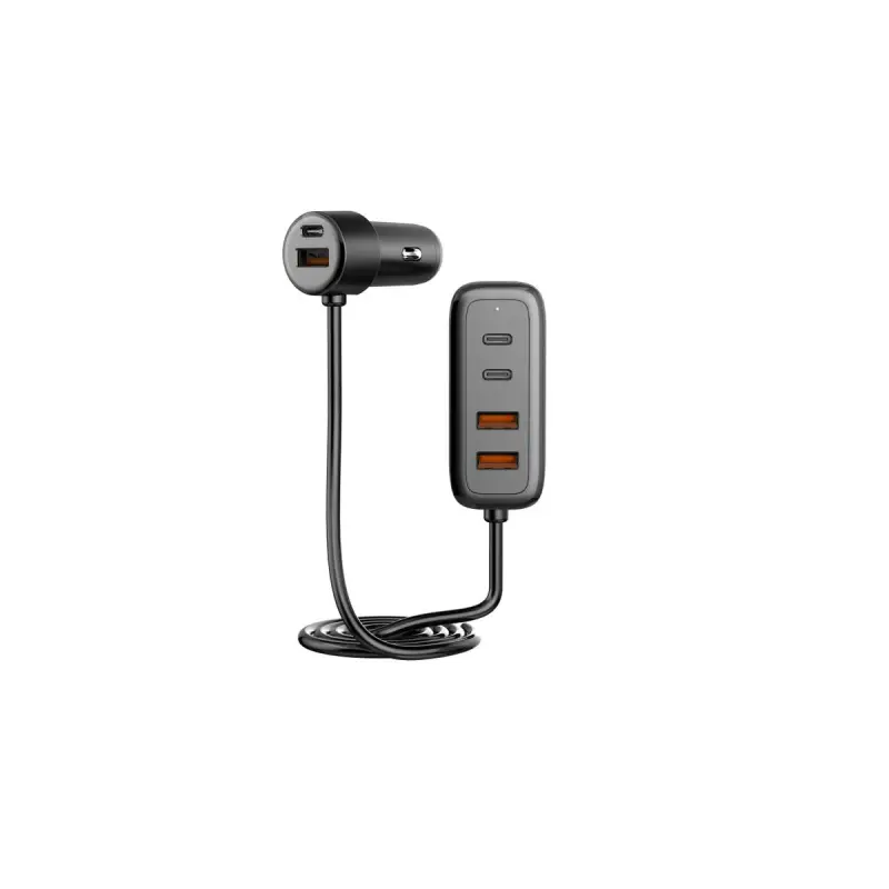 Car USB charger Well, 3x USB-C PD 36W + 3x USB-A QC 18W, total 108W, extension cable 1.5m, black