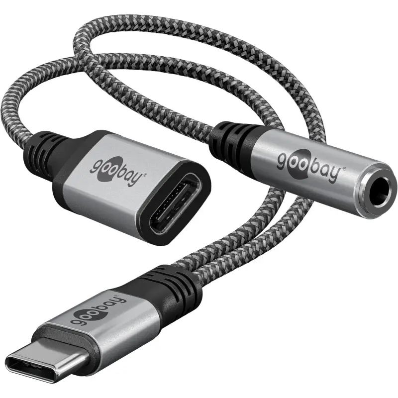 USB-C - 3.5mm + USB-C üleminek 15cm 60W tekstiil hall