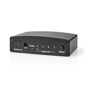 Digital Audio Switch, 4-way, Audio / video / data connections input: DC Power / 4x TosLink, Audio / video / data connections output: TosLink Female, Manual / Push Button / Remote Control