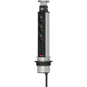 Tower Power, 3-way table socket strip (retractable socket strip, 2-way USB, 2m cable, can be completely lowered into the table top) 2.00 m silver/black TYPE F