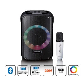Karaoke system with Bluetooth®, rechargeable battery, wireless karaoke microphone, and disco LED lighting Black