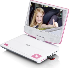 Portable 9" DVD player with USB headphones and mounting bracket - Pink/White