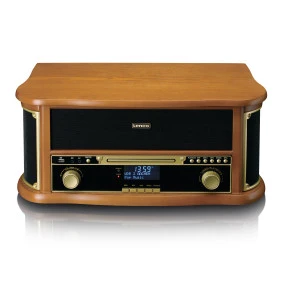 Wooden retro Record Player with Bluetooth®, DAB+/FM radio, USB encoding, CD player, cassette player, and built-in speakers
