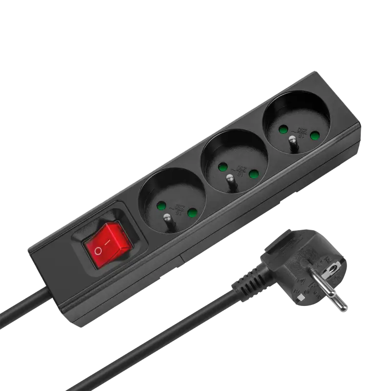 3-pesaline 2m Prantsuse tüüpi pikendusjuhe lülitiga (3x1,5mm) Rebel must
