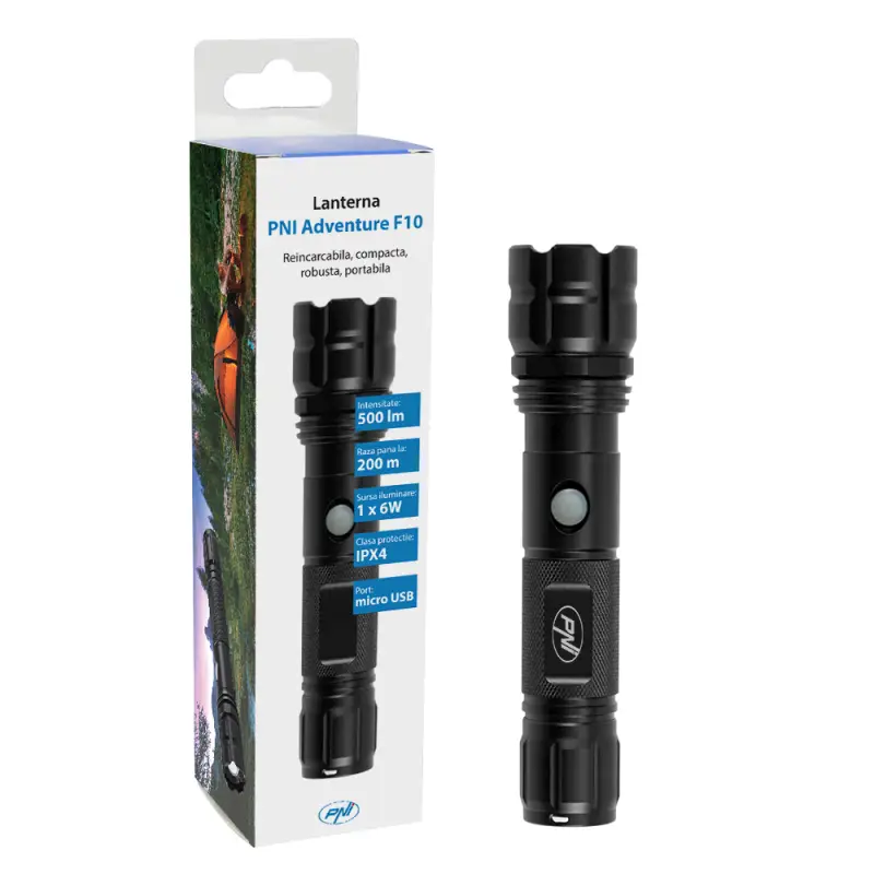 PNI Adventure F10 aluminum flashlight with 1x6W LED, 500lm up to 200m focus, with battery and USB-C port