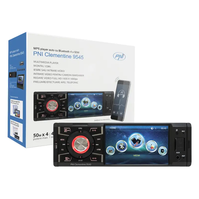 MP5-mängija Clementine 9545 1DIN ekraan 4 tolli, 50Wx4, Bluetooth, FM-raadio, SD ja USB, 2 RCA video SISSE/VÄLJA