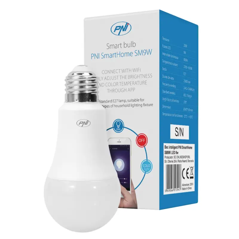 PNI SmartHome SM9W LED 9W valgusti, reguleeritav, programmeeritav WiFi, Google Home/Alexa ühilduv