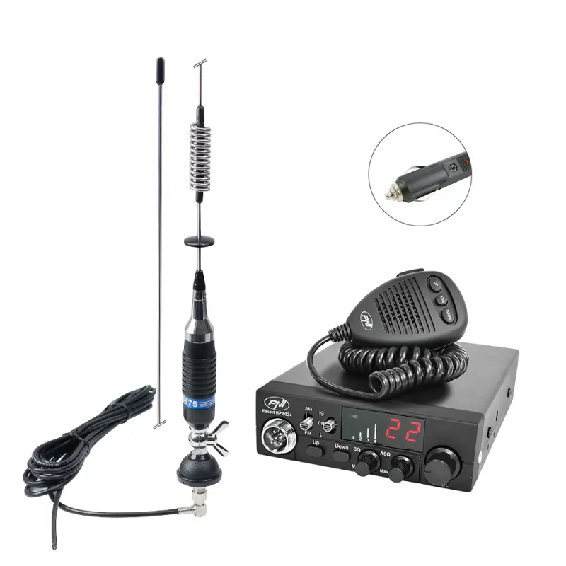 CB PNI ESCORT HP 8024 raadiojaama komplekt, 12V-24V ASQ + CB PNI S75 antenn koos kaabli ja fikseeritud kinnitusega