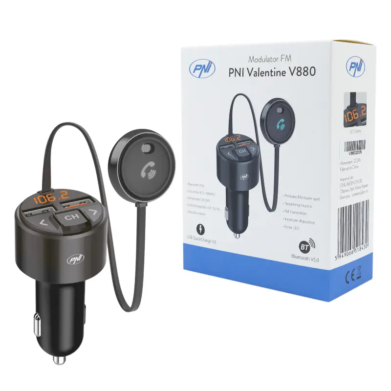 PNI V880 FM modulaator, mikrofon, Bluetooth 5.0, MP3-mängija, FM-saatja, kaks USB-d, QC3.0 kiirlaadimine