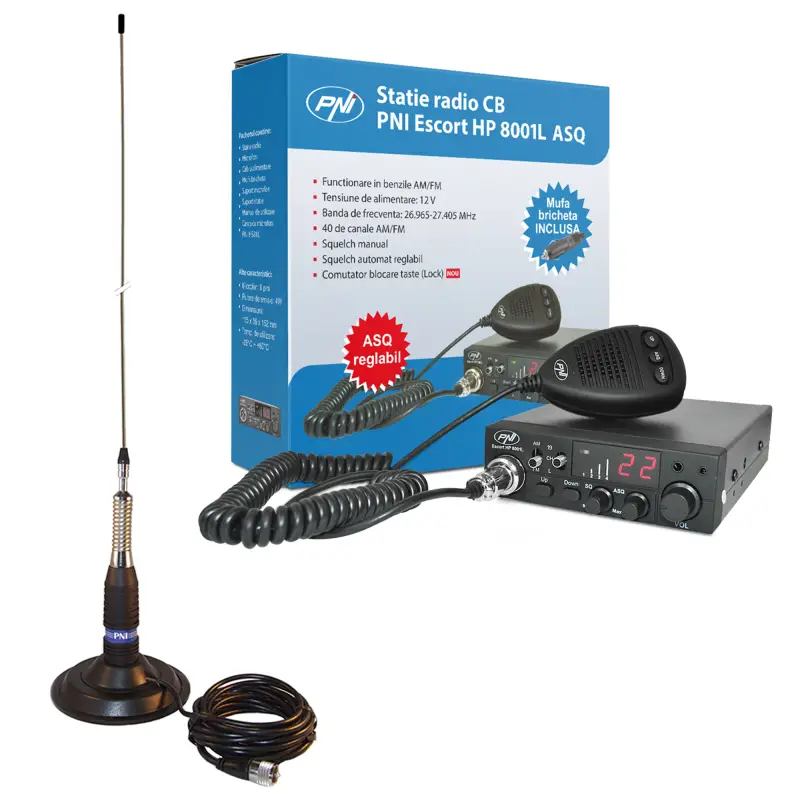 CB PNI ESCORT HP 8001L ASQ raadiokomplekt, PNI HS81 kõrvaklapid, PNI ML160 antenn 145 mm magnetiga