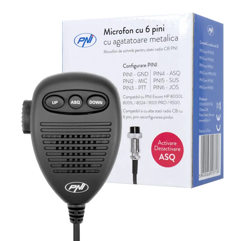 6-kontaktiline mikrofon metallist riputitega PNI Escort HP 8000L / 8001L / 8024 / 9001 PRO / 9500 / 8900 raadiojaamadele