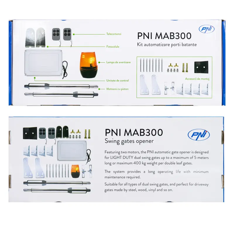 PNI MAB300 tiibvärava automaatika komplekt, 2 40W mootorit, puldid, juhtpaneel, fotosilmad, max 2x2.5m, 200 kg