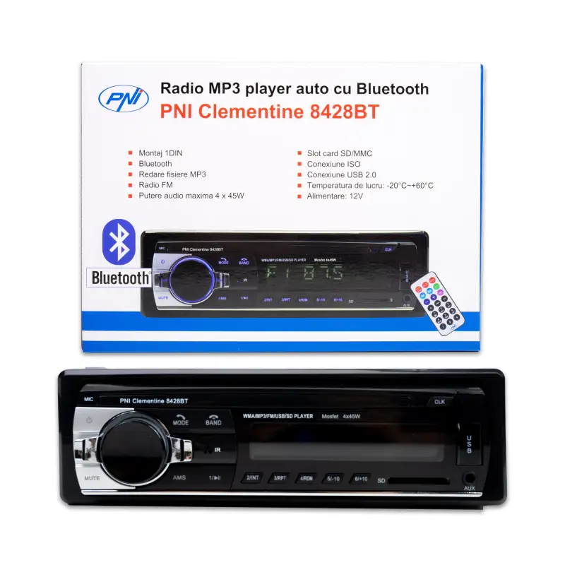 PNI Clementine 8428BT MP3 raadio 4x45w 1 DIN SD, USB, AUX, RCA ja Bluetoothiga