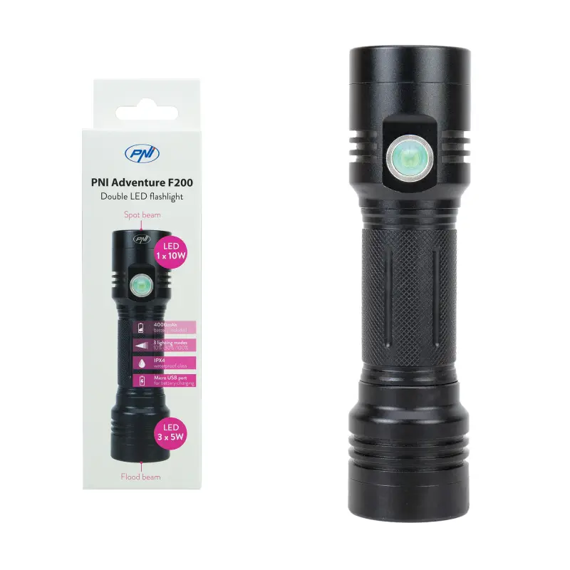 PNI Adventure F200 alumiiniumist kahe LED-iga taskulamp, 4000mAh aku, micro USB, lai ja fookusega LED, 3 võimsustaset