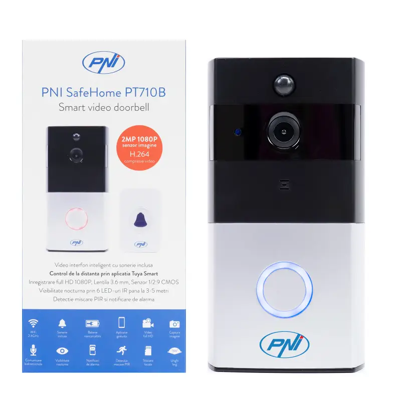 PNI SafeHome PT710B nutikas videofono, WiFi HD, aku, 36 meloodiaga helin