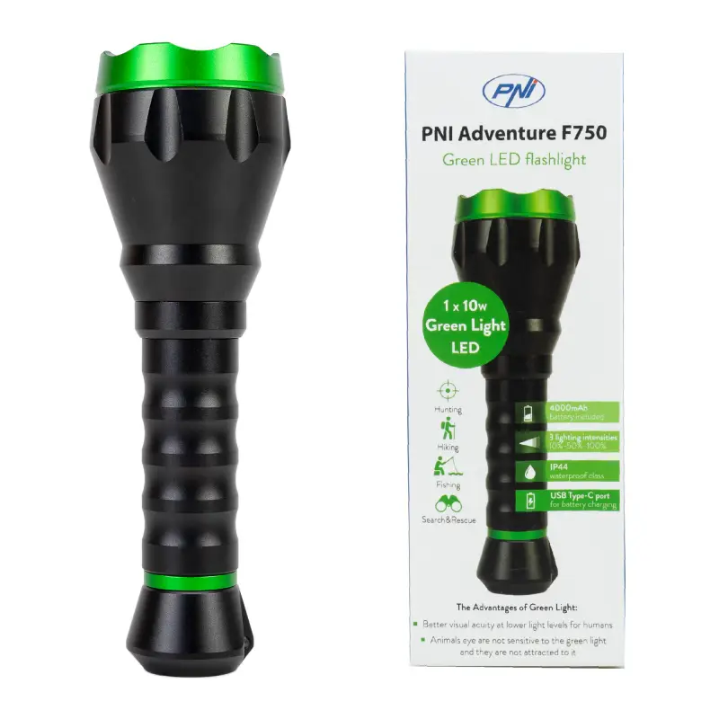 PNI Adventure F750 Rohelise valgusega taskulamp, LED 10W, 500 lm, 850m, IP44, 4000mAh, USB-C