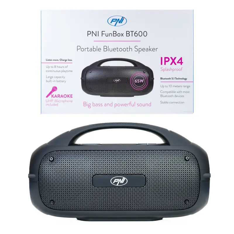 PNI FunBox BT600 kaasaskantav kõlar, Bluetooth, 65W, MP3-mängija, USB, juhtmevaba mikrofon, 4400mAh aku, IPX4