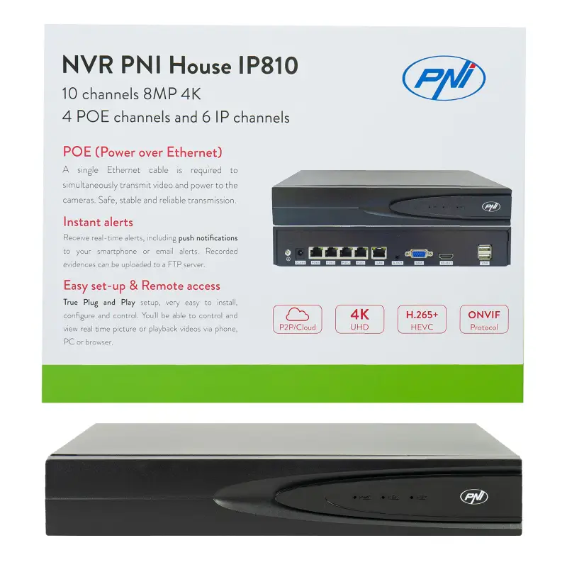 NVR POE PNI House IP810 10 kanaliga 4K 8MP, 4 POE kanalit ja 6 IP AI funktsioonidega kanalit