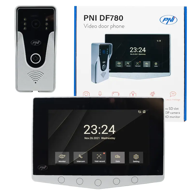 PNI DF780 videofon, 1 monitor, 7-tolline 1080p ekraan, kaardipesa, IP65, 2 värava juhtimine, liikumise salvestamine