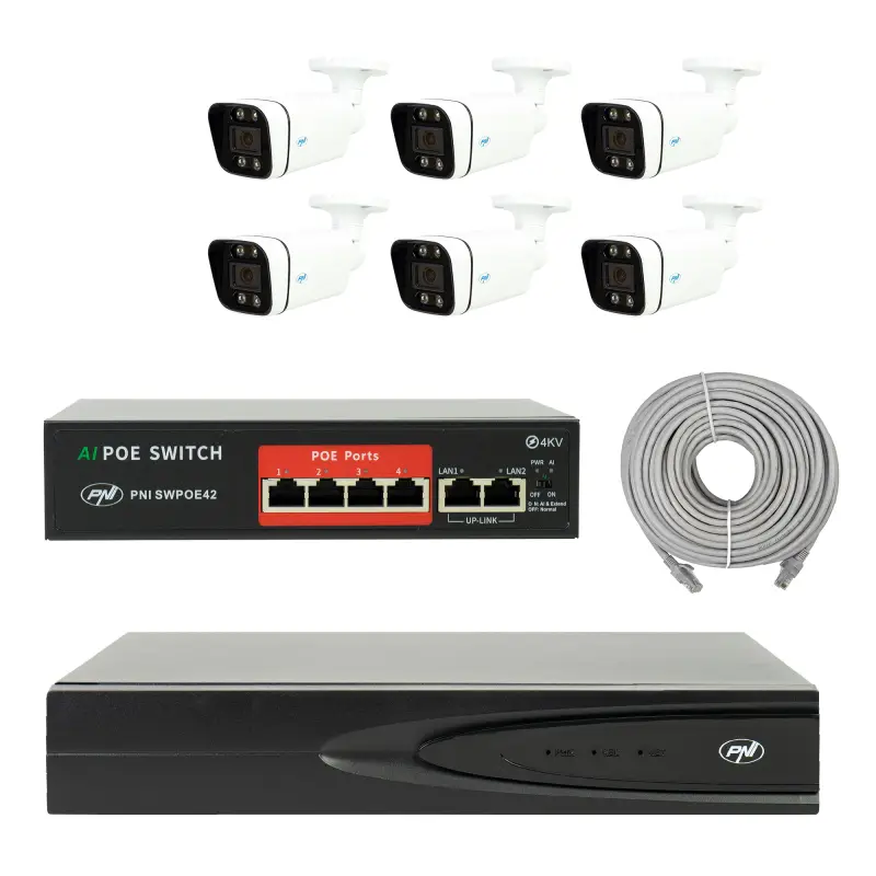 NVR POE PNI House IP810 videovalvepakett, 6 PNI IP8POE kaamerat, POE switch ja kaablid komplektis