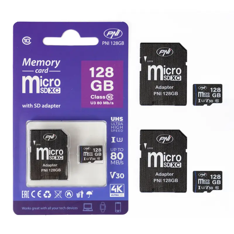 2x PNI MicroSD Memory Card 128GB Class 10, 80 Mb/s, V30 with SD adapters