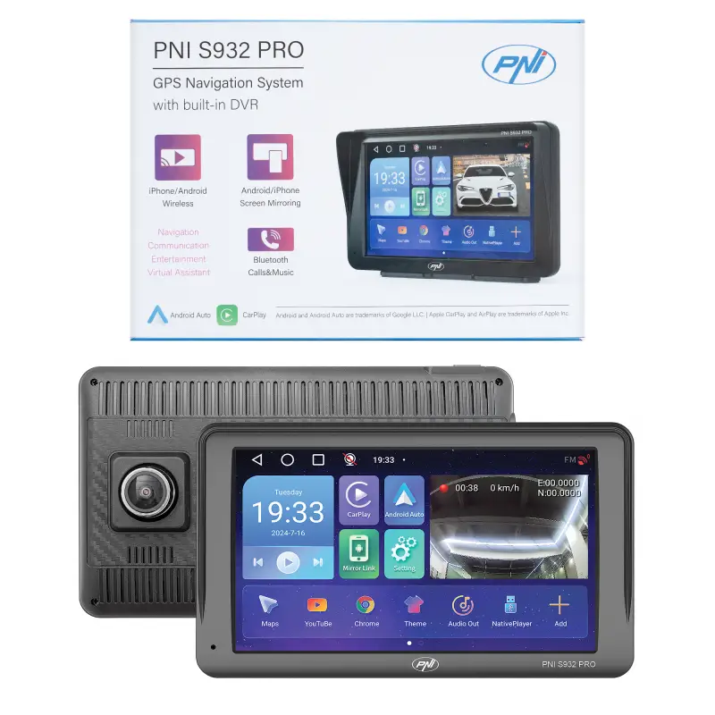 PNI S932 PRO GPS navigatsioonisüsteem DVR-iga, 7" ekraan, 32GB, 2GB RAM, Android 13, Carplay ja Android Auto