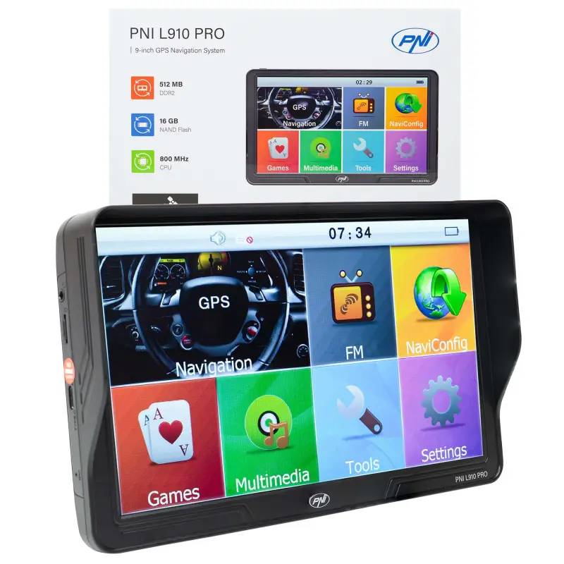 PNI L910 PRO GPS navigation system with sun visor, 9 inch, 800 MHz, 512MB DDR, 16GB internal memory