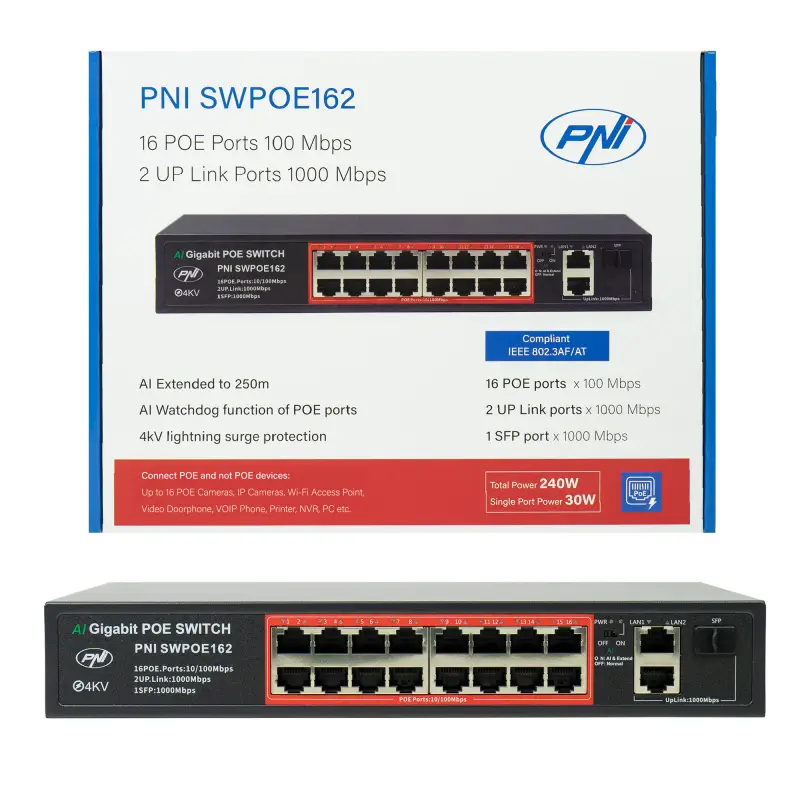 PNI SWPOE162 POE-lüliti, 16x 100 Mbps POE-porti, 2x 1000 Mbps UP Link-porti, 240W