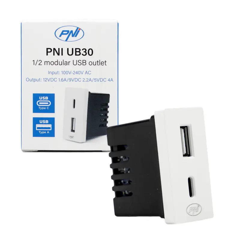 Toitepesa 2 x USB PNI UB30, USB-A USB-C, 12V/9V/5V, max. 20W, modulaarne, tüüp F 1/2, süvistatav paigaldus