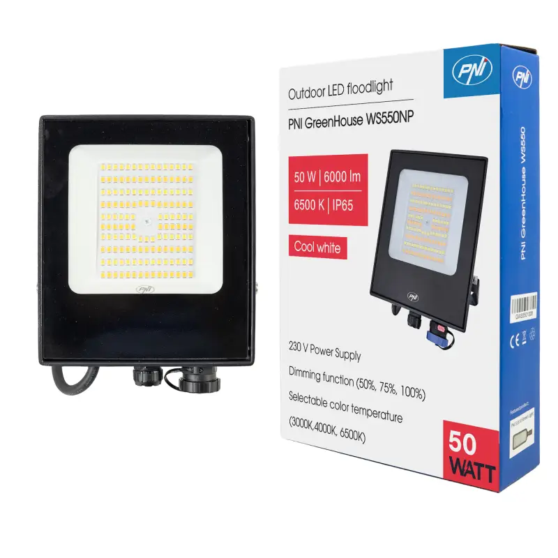 PNI GreenHouse LED Floodlight WS550NP, 50W, 230V, Adjustable Color Temp (3000K, 4000K, 6500K), Intensity