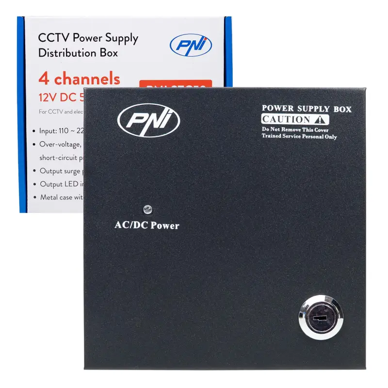 PNI STC52 CCTV Power Supply 12V, 5A, 60W, 4 Outputs, in Metal Case, Black