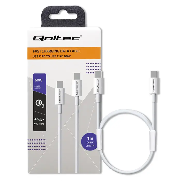 Qoltec USB 2.0 type C Cable USB 2.0 type C 60W QC 3.0 PD 1m White