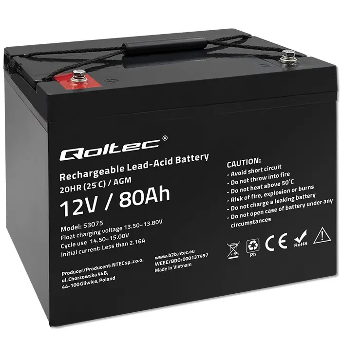 Qoltec AGM battery 12V 80Ah 23.5kg Maintenance-free Strong LongLife for UPS, RV, boat, heater