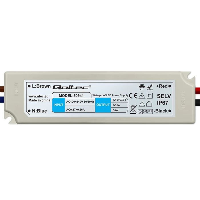 Qoltec LED Driver IP67 36W 12V 3A Waterproof White