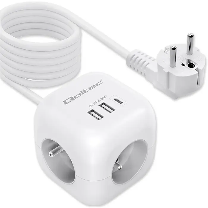 Qoltec Power cube 6-in-1 extension cord with illuminated switch 3x AC 2x USB 1x USB-C PD 20W White Cable 2m